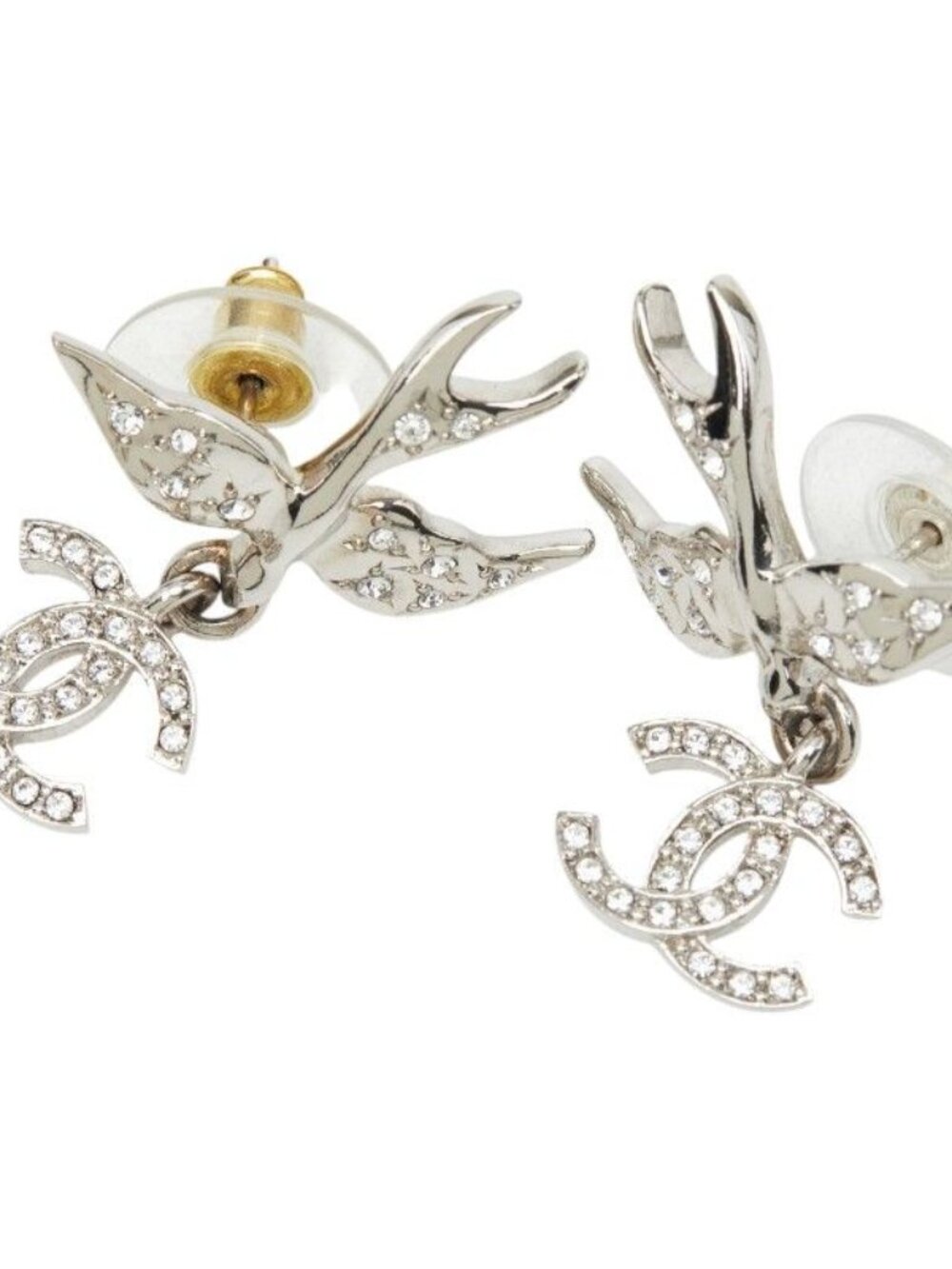 Chanel Stud Earrings Swing Bird Silver Metal Crystal